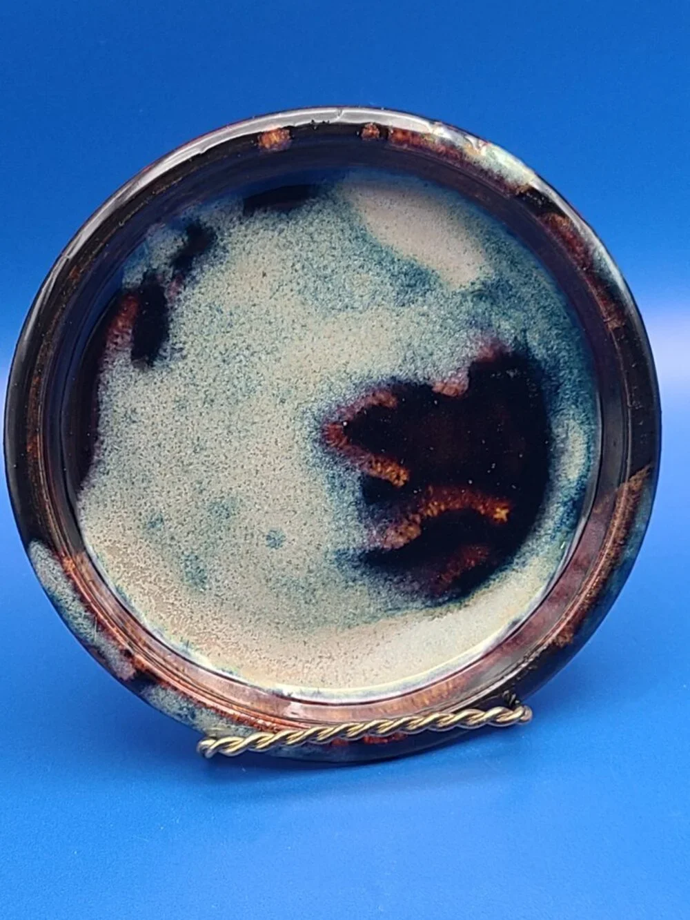 Studio Art Pottery Small Round Dishes Blue Brown Cream Glazed Set of 4